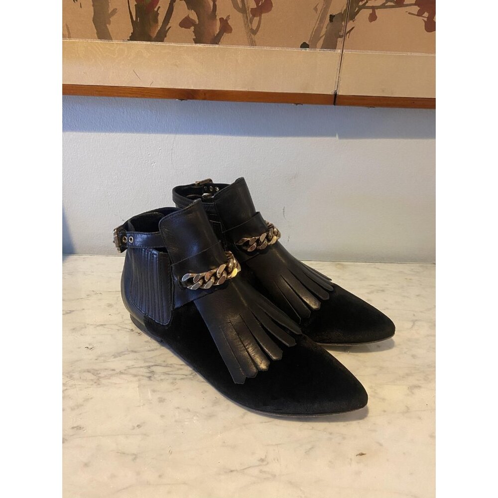 Chiara Ferragni Boots Womens Size 9 Black Leather Suede Fringe Chain Ankle Flat - Picture 2 of 7